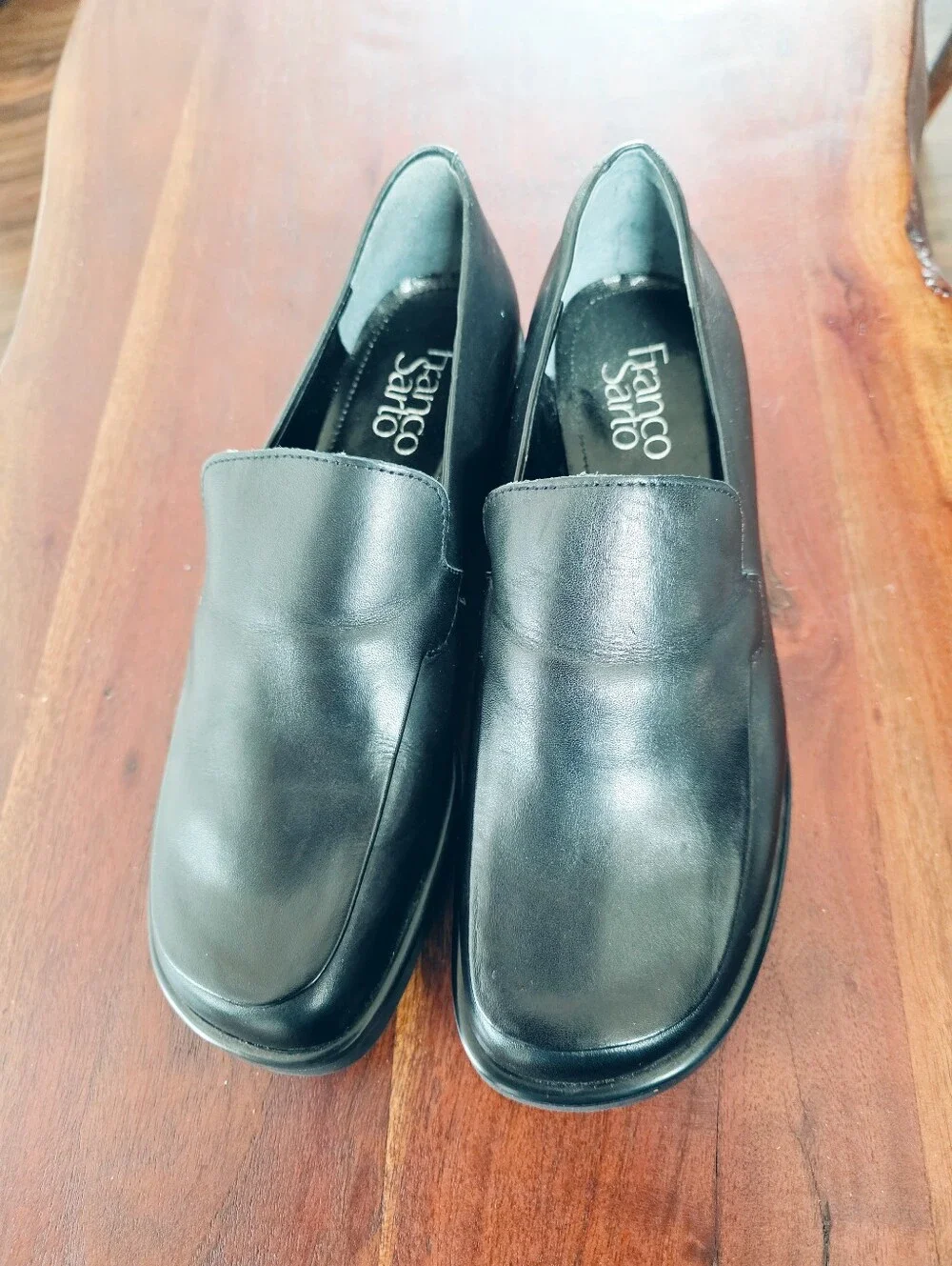 Franco Sarto Black Leather Loafers Slip On Comfort Flats Wide Size 7W